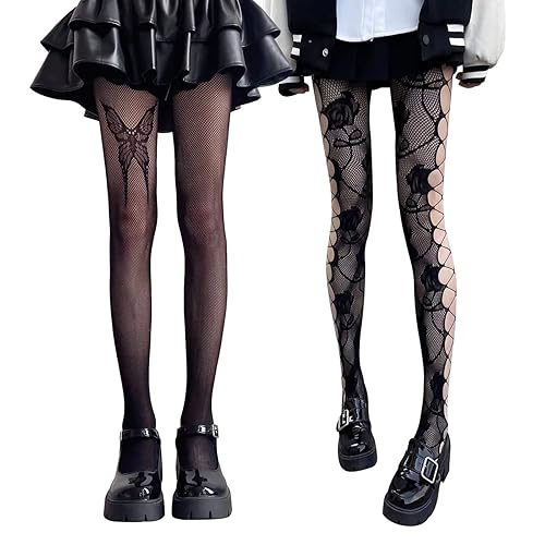 SERAPHY Collant Femme Fantaisie, Collants Bas Résille pour Femmes, Élastique Taille Haute Collant Fantaisie Femme Sexy, 2 paires - papillon+rose