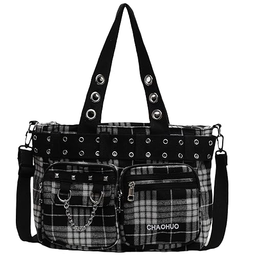 Makukke Sac fourre-tout Y2K pour femme - Grand sac gothique - Motif tête de mort - Pour le travail, le bureau, les voyages - Noir-plaid