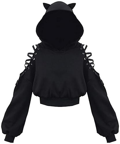 EUDOLAH Sweat à Capuche Femme Epaules Dénudées Chats Oreille à Capuche avec Rubans Sweatshirt Noir - S - 0 Noir Pure