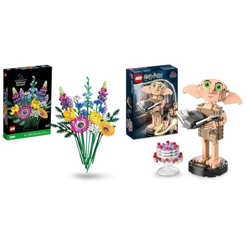 LEGO 10313 Icons Wildblumenstrauß Set, Künstliche Blumen mit Mohn und Lavendel & 76421 Harry Potter Dobby der Hauself Set, bewegliche ikonische Figur - Bundle mit 76421 Set