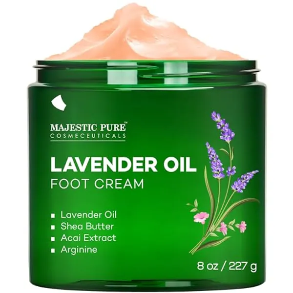MAJESTIC PURE Lavender Oil Foot Cream, Warming Cream - Calluses, Dry Cracked Feet, Hands, Heels, Elbow, Nails, and Knees - Softens & Moisturizes Skin - 8 oz