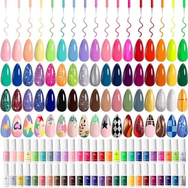 beetles Gel Polish Liner Nail Art Set, 50 Colors Reflective Glitter Pink Red Blue Green Silver Gel Polish Soak Off UV Built Thin Brush in Bottle Nail Design Polish Gift for Girls Rainbow Nails