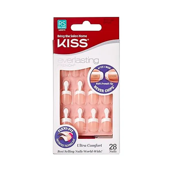 Kiss Everlasting French Nail Manicure, Chip-Free with Flexi-Fit Technology, Real Short, "Endless", Nail Kit with Pink Nail Glue (Net Wt. 2 g / 0.07oz.), Mini File, Manicure Stick, and 28 Fake Nails
