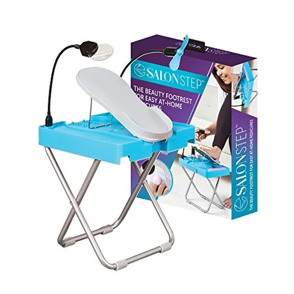Salon Step The Beauty Footrest for Easy at-Home Pedicures, Treat Your Feet, No More Bending or Stretching with LED Magnifier, Drying Fan, Adjustable Foot Rest, Non-Slip Sturdy Legs & Built-in Storage