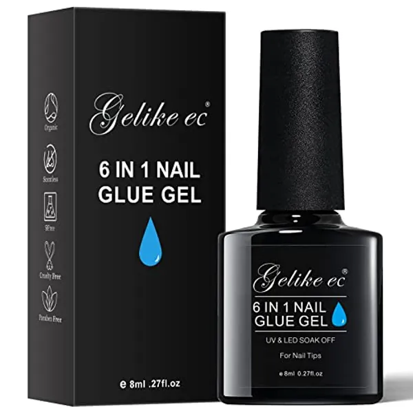 Gelike EC Gel Nail Glue UV - 6 in 1 Gel Glue for Nail Tips Need UV Light,Strong Adhesive for Press on Nails Acrylic Tips