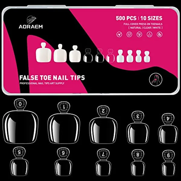 AORAEM False Toenails 500PCS Clear Toe Nails for Acrylic Tips Full Cover Press on Toenails for Nail Art Design Home DIY Nail Salon, 10 Sizes with Box(Clear)