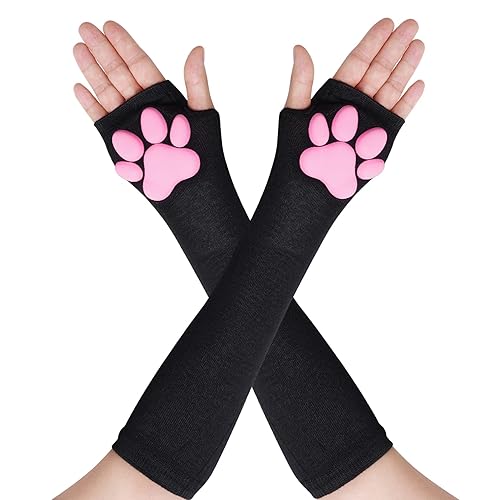 Nydotd Cat Paw Pad Mittens Gloves Kawaii Pink 3D Claw Fingerless Cute Cat Cosplay Gloves Sleeve for Girls Party - Black - Long