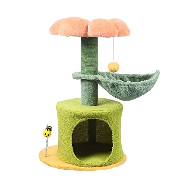 Zthdjdl Flower cat Tree Tower - cat Tree for Indoor Cats with Scratching Post Cat Climbing Activity,Small cat Tree with Hammock Bed condo - Pink Cute cat Tree Flower Scratcher for Cats Natural sisal