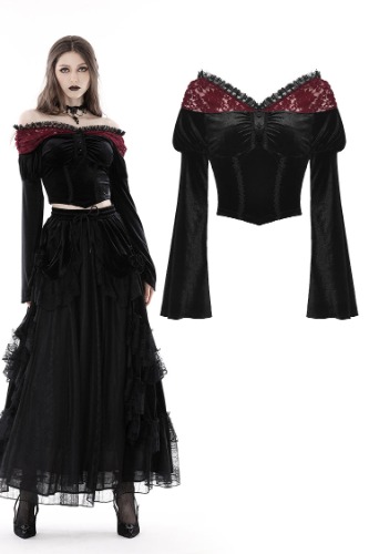 Gothic red lace shoulder velvet top TW478 | XS