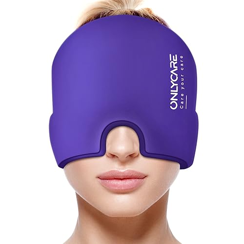 ONLYCARE Migraine Relief Cap, Upgraded Odorless Headache Relief Cap, 360° Gel Surround Ice Pack Mask for Migraine, Sinus, Stress, Frontal Headaches - Purple