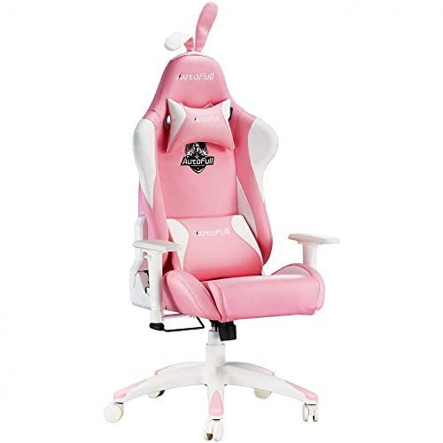 AutoFull C2 Pink Bunny Gaming-Stuhl, niedlicher Kawaii-Gamer-Stuhl für Mädchen, ergonomischer Computer-Gaming-Stuhl mit Lendenwirbelstütze, PU-Leder, hohe Rückenlehne, Renn-Gaming-Stühle - Rosa
