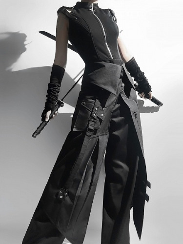 [$89.25]All Black Ouji Fashion Techwear Gothic Full Set - Sleeveless Top + Pants + Apron + Belt