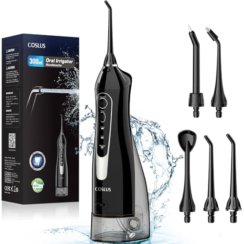 COSLUS Water Dental Flosser Teeth Pick: Portable Cordless Oral Irrigator 300ML Rechargeable Travel Irrigation Cleaner IPX7 Waterproof Electric Waterflosser Flossing Machine for Teeth Cleaning F5020E - Dark Black