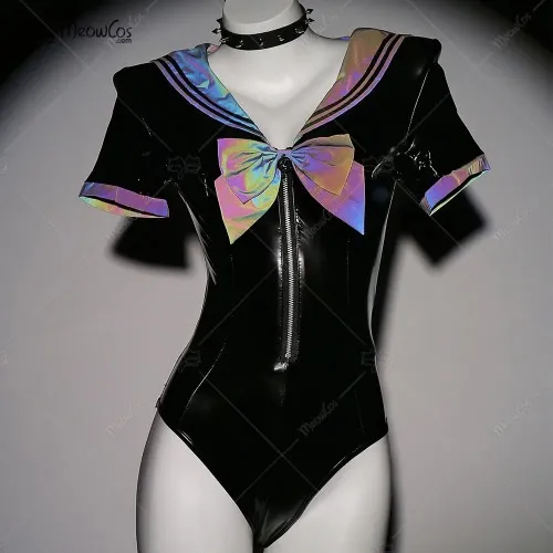 Sexy Black Reflective Laser Leather Sailor Costume 