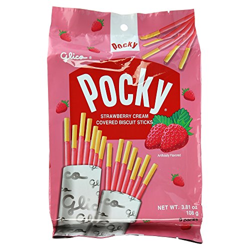 Glico Pocky, Strawberry Cream Covered Biscuit Sticks (9 Individual Bags), 3.81 oz - Strawberry