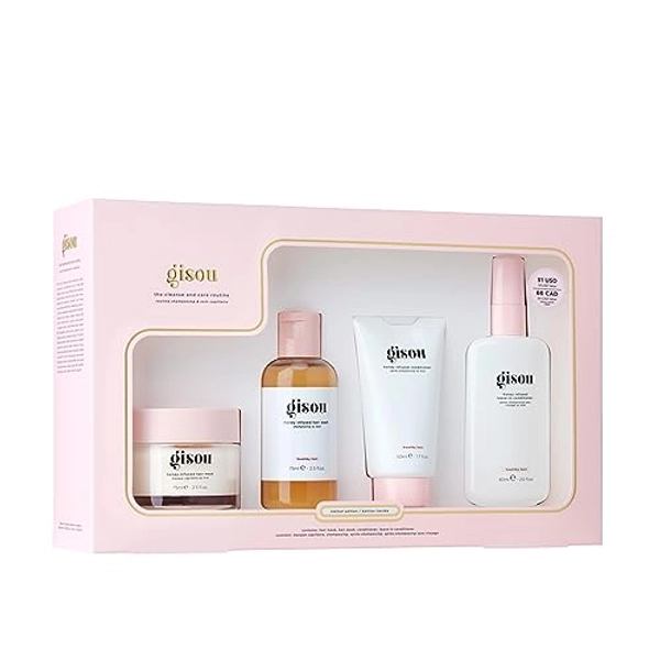 Gisou Cleanse & Care Routine, a Travel-Sized Honey Infused Collection: Hair Wash, Conditioner, Leave-In Conditioner and Hair Mask