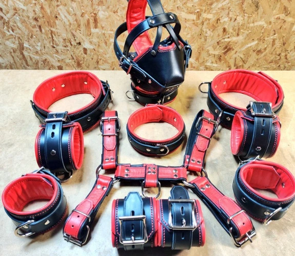 Full cuff sets - Collar, Thighs, Wrists, Bicepts, Ankles, Bulldog Harness and a Muzzle