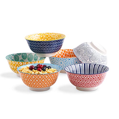 Selamica Porcelain 20oz Cereal Bowl Set - Set of 6, 6 inch Soup Bowls, Ceramic bowls for Cereal, Soup, Salad and Pasta, Colorful bowls, Gift Pack - Assorted Colors - 6 inches