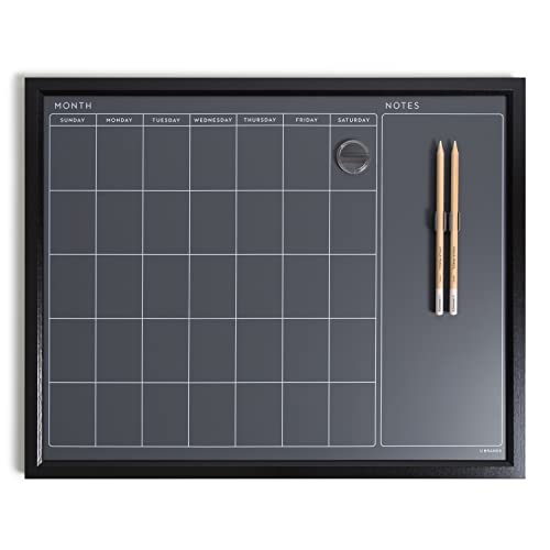 U Brands Magnetic Chalk Calendar Board, 20"x16", Black Wood Style Frame, Premium Surface, Includes Chalk Pencils, Magnet