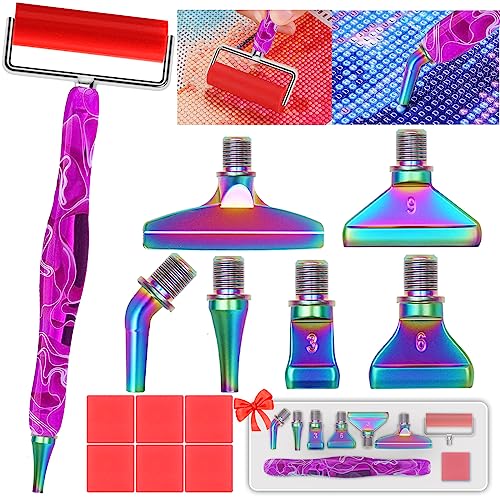 Heyseri 15PCS Diamond Painting Pen with Wheel Roller, Diamond Art Pens Stainless Steel Metal Screw Thread Pen Tips No Loosen, Resin 5D Diamond Art Accessories and Tools, Comfort Grip Ergonomic - Purpl Rainbow
