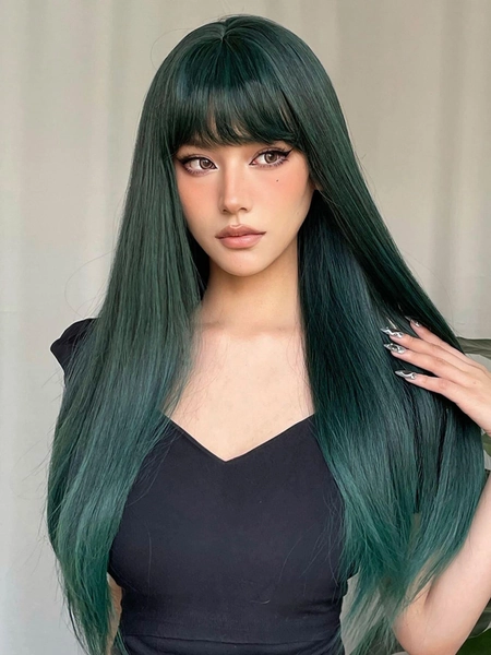 Long Straight Green Wig With Bangs Synthetic Heat Resistant Wigs for Women Party Cosplay Halloween Wigs