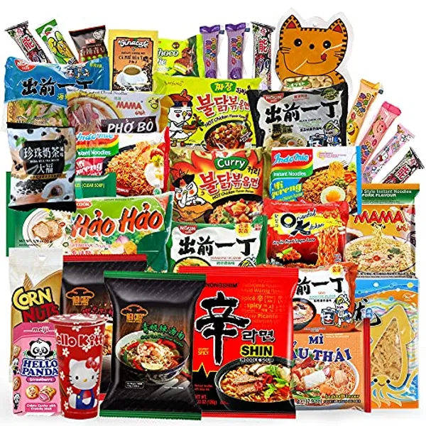 INFINITEESHOP Asian Instant Ramen Noodles Variety Pack with Sardines & Free Snacks, Samyang, Mee-Jang, Mama, Hai Tom, Mi Sedaap | 12 Pack Assorted | Student Care Package