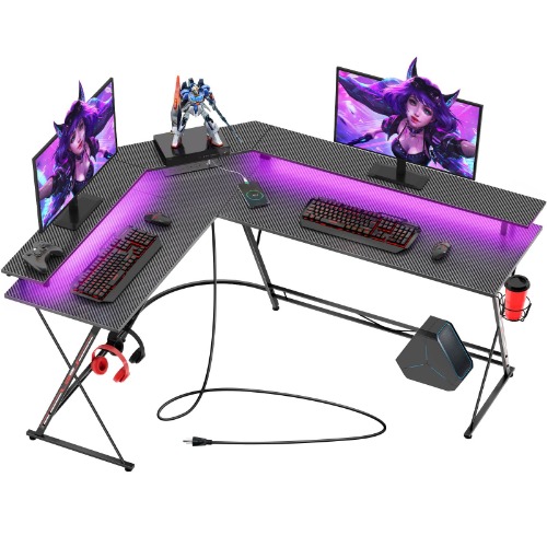 SEVEN WARRIOR Gaming Desk 58” with LED Lights & Power Outlets, L-Shaped Gaming Desk Carbon Fiber Surface with Monitor Stand, Ergonomic Gamer Table with Cup Holder, Headphone Hook, Black - 58 INCH