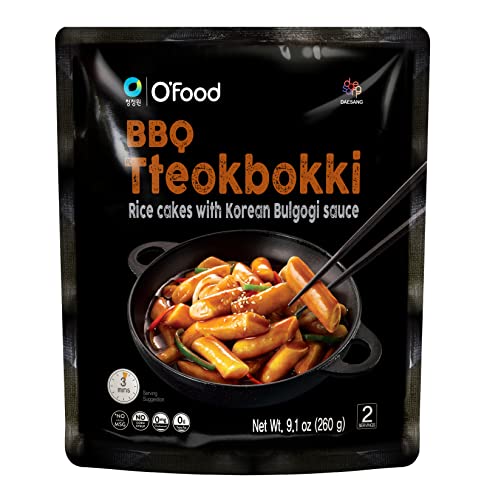 O'Food Tteokbokki Korean Rice Cakes with BBQ Sauce, Authentic Instant Savory Korean Street Food Snack, Perfect with Cheese and Ramen Noodles, Ready to Eat, No MSG, No Corn Syrup (BBQ) - BBQ - 9.17 Ounce (Pack of 1)