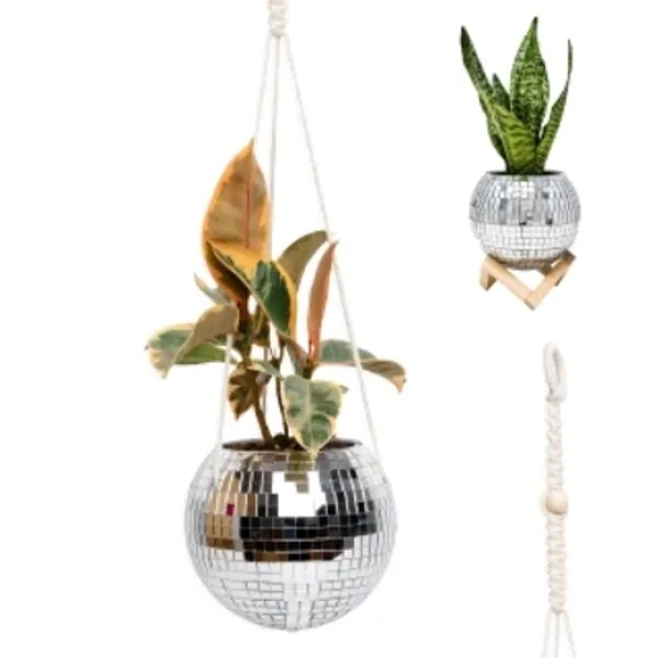 Lunar Sol - Disco Ball Planter - Hanging Macrame Rope and Wooden Stand for Desk - with Drainage Hole and Plug for Plant Care - Indoor or Outdoor Use for Any Room, Office, or Patio Pot Boho Decor