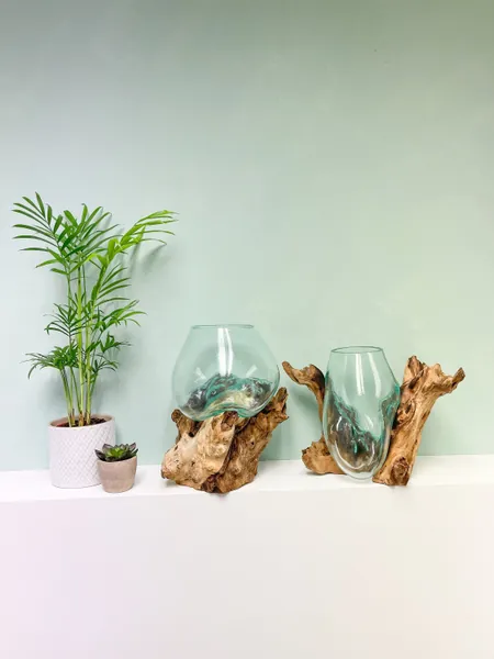 Melted Glass Bowl on Wood Fair Trade Handmade Ornament Various Sizes Unique Eco-friendly Recycled