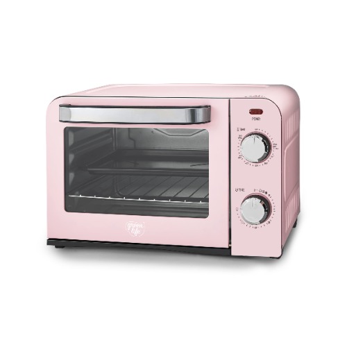 GreenLife Countertop Toaster Oven, Bake Broil Toast and Make Pizza, Includes Healthy Ceramic Nonstick Baking Pan and Stainless Steel Baking Rack, Pink - 