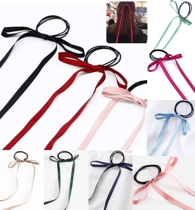 10PCS Bow Hair Tie Long Hair Bands,Colourful Silk Ribbon Hair Scarf, Rubber Bands Ponytail Holder Satin Hair Scrunchies for Women Girls - 10pcs-silk ribbon hair rope
