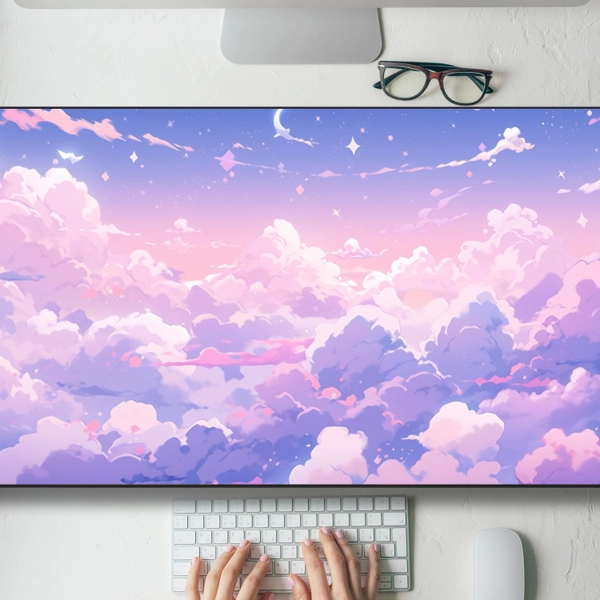 Pink Purple Kawaii Clouds Desk Mat Gaming Mouse Pad Large Mousepad, Stitched Edges, Keyboard Mouse Mat Desk Pad for Work Game Office Home XL