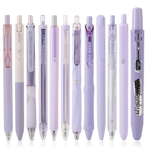 Ddaowanx12 Pack Gel Ink Pens Set, 11 Pack Black Ink Pens with 1 Pack Highlighter,cute 0.5mm Fine Point Smooth Writing pens, Aesthetic Pastel Purple women gift sets (Purple) - Purple