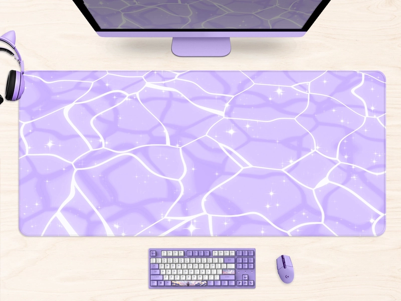 Purple Desk Mat Kawaii, Anime mouse pad cute aesthetics, pastel pink/lilac ocean waves water, xl extra large gaming deskmat, cute mousepad