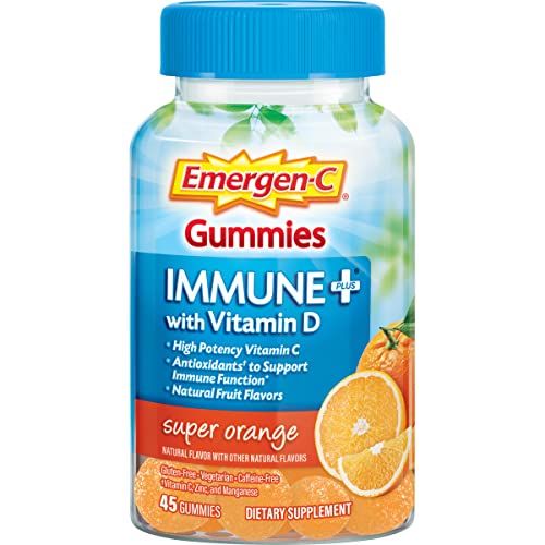Emergen-C Immune+ Immune Gummies, Vitamin D plus 750 mg Vitamin C, Immune Support Dietary Supplement, Caffeine Free, Gluten Free, Super Orange Flavor - 45 Count - Orange