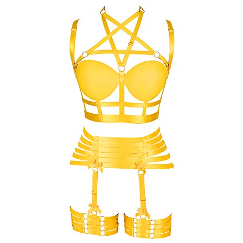 PETM•HS Womens Strappy Full Cage Body Lingerie Garter Belt Set Elastic Hollow Tops Bralette Punk Gothic Festival Wear - Yellow