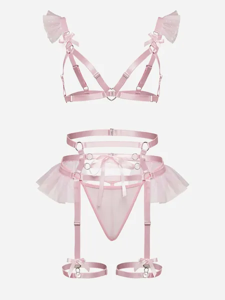 Ruffle Trim Ring Linked Garter Lingerie Set