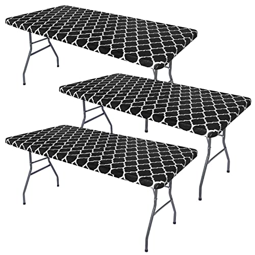 3 Pcs Fitted Tablecloth for 6 ft Rectangle Table,Stretch Waterproof Elastic Vinyl Picnic Table Cover with Flannel Backed Lining,Outdoor Camping Tablecloth Fits 30"x72" Folding Table(Moroccan,Black) - Black