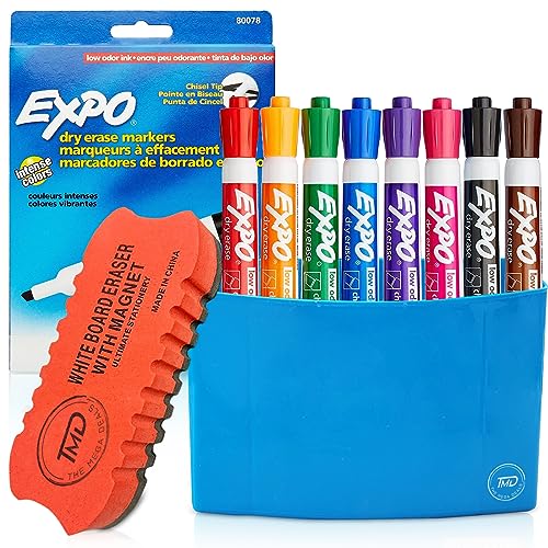 The Mega Deals Whiteboard Markers, 8 Chisel Tip Dry Erase Markers, Magnetic Marker Holder & Eraser, Quick-Drying Ink, Low Odor, Non-Toxic, Ideal for Classroom, Home, or Office Supplies - 8 Marker Bundle