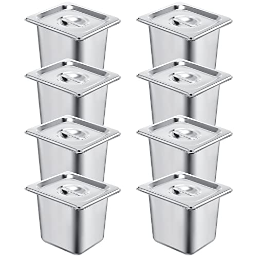 8 Pack Stainless Steam Hotel Pan 6 Deep Steam Table Pan with Lid 0.8 mm Thick Stainless Steel Steam Pan Restaurant Anti Clogging Steamer for Party, Restaurant, Hotel (1/6 Size) - 1/6 Size