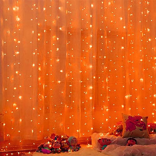 Twinkle Star 300 LED Window Fairy Curtain String Lights, 8 Modes Fairy Lights for Halloween Christmas Bedroom Wedding Party Home Garden Outdoor Indoor Wall Decorations, Orange - Orange - 300 LED