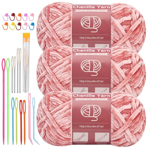 LUNARM 3 * 100g Chenille Yarn, Yarn for Crocheting Knitting with Big Eye Needles, Handcrafts Weaving Soft Chenille Yarn for Making Blankets, Clothes, Pattern Knitting Creations (Peach Pink) - Peach Pink