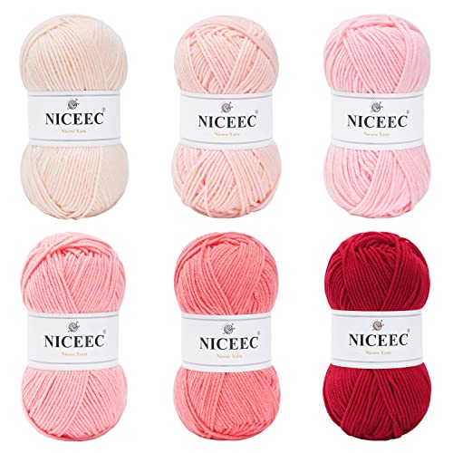 NICEEC 6×50g Soft Assorted Colors Yarn Sport Weight Yarn Bonbons Yarn for Crochet Knit 4 Ply Acrylic Yarn for DIY Project Starter Crochet Kit for Kids or Adults(6×145yds)-Pink Series - Pink Series