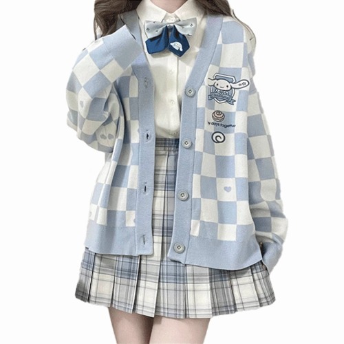 Kawaii Sweater Anime Plaid Cardigan Sweaters for Women Cosplay Costume V Neck Long Sleeve - Blue Large