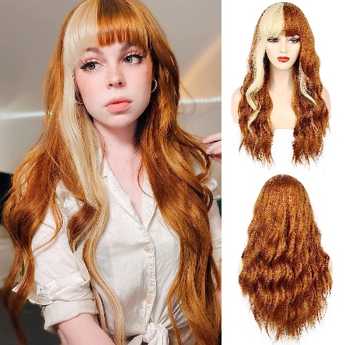 ENTRANCED STYLES Orange Wig with Bangs Long Orange Wavy Wigs for Women Orange and Blonde Wig Synthetic Heat Resistant Wave Wig for Daily Party Cosplay Use (24 inch) (orange-2) - 24 Inch orange-2