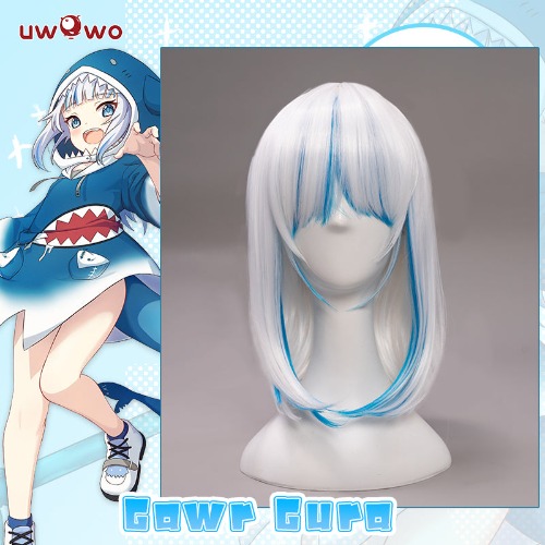 Uwowo Cosplay Gawr Gura Cosplay Wig Tail Shark GAWRGURA 40cm White Blue Gradient Wig - Wig