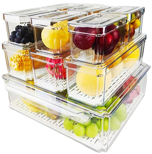 Yustuf 10-pack Clear Stackable Refrigerator Organizer Bins with 4 liners, Plastic Pantry Organization and Storage Bins with lids Vegetable Fruit Storage Containers for Fridge - Clear-10pack