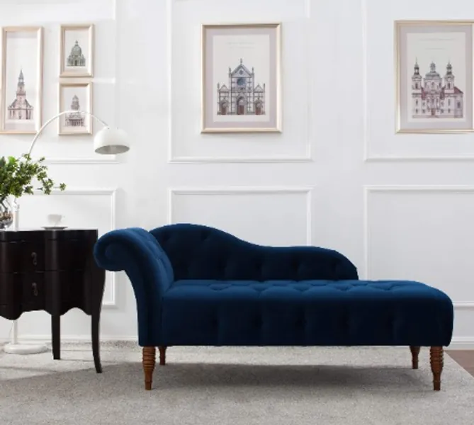 Jennifer Taylor Home, Chaise Lounge, Right Arm Facing, Navy Blue, Velvet, Hand Tufted