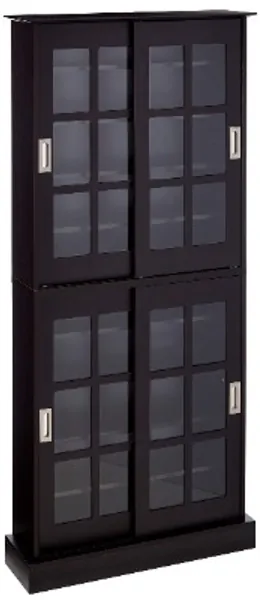 Atlantic Windowpane Media/Storage Cabinet - Tempered Glass Pane Sliding Doors, Stores Optical Media Like CD/DVD/BD/Game Discs, Collectables  Memorabilia Collections, PN 94835757 in Espresso